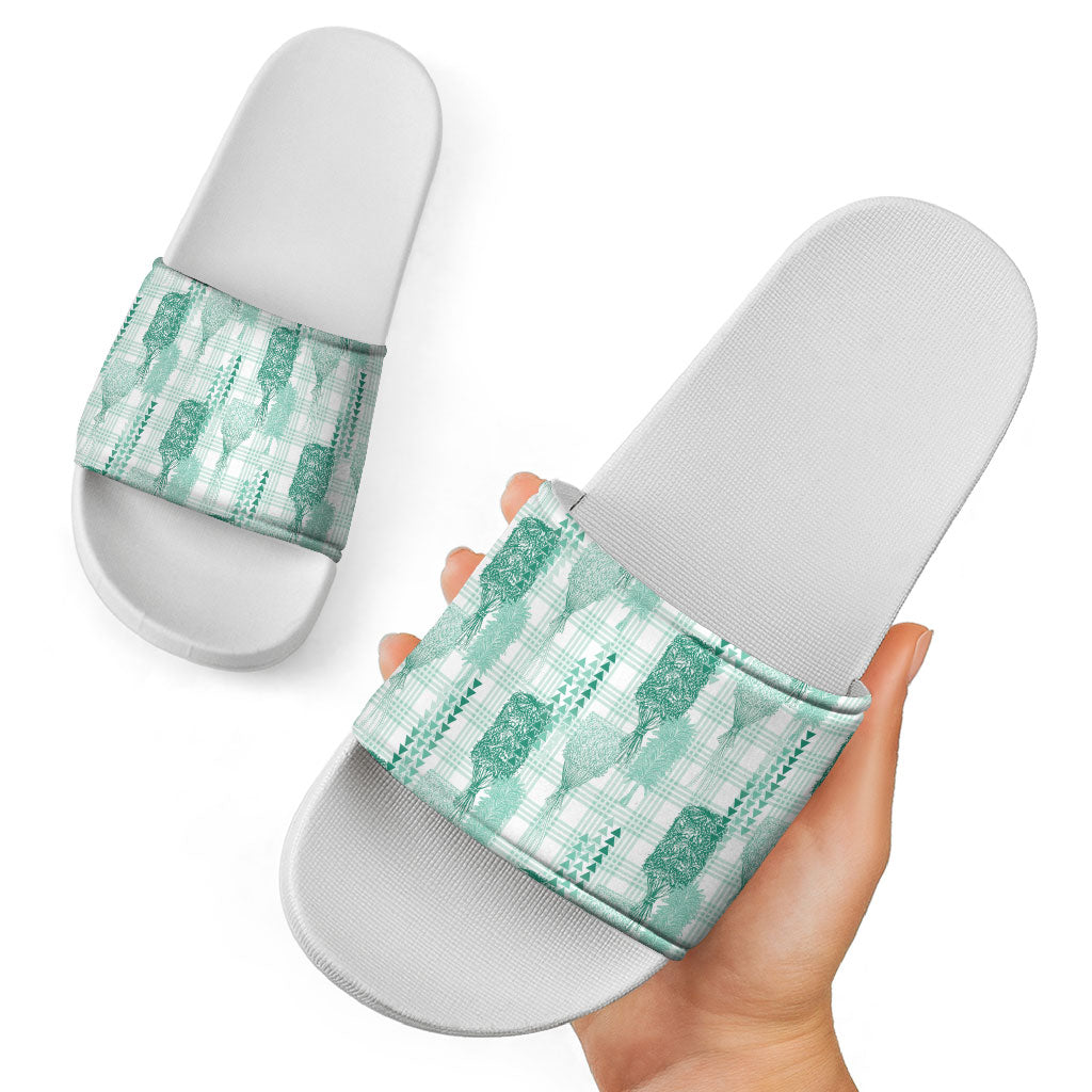 Aloha Hawaii Vintage Kahili Pa'a Lima Slide Sandals Palaka Print Mossy Teal