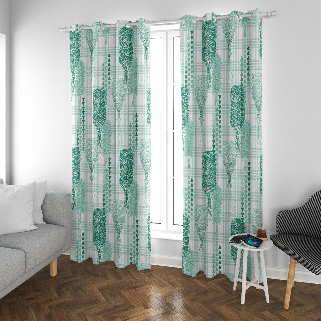 Aloha Hawaii Vintage Kahili Pa'a Lima Window Curtain Palaka Print Mossy Teal
