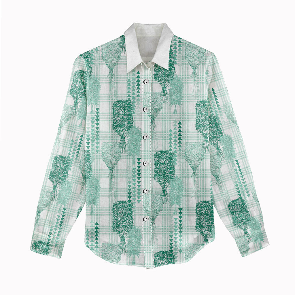 Aloha Hawaii Vintage Kahili Pa'a Lima Women Casual Shirt Palaka Print Mossy Teal
