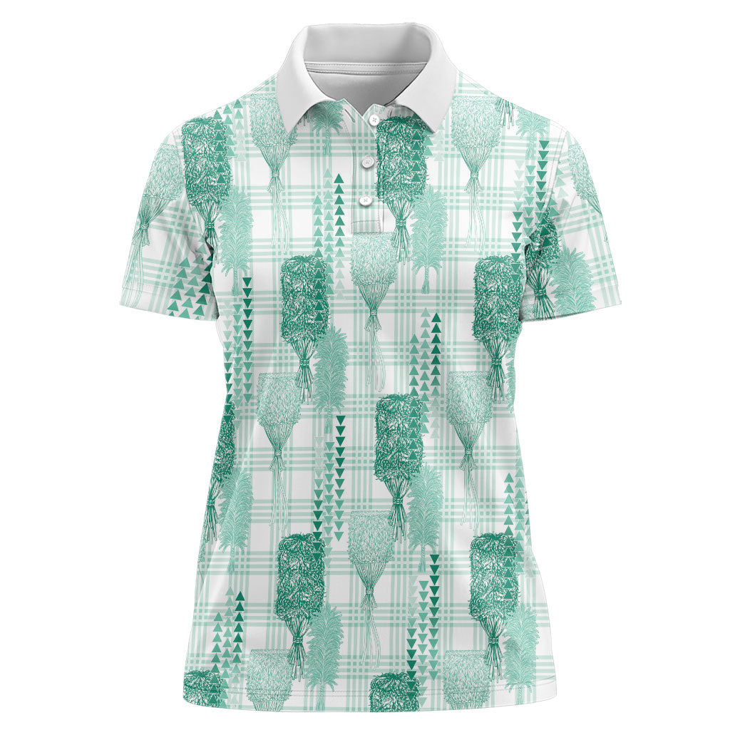 Aloha Hawaii Vintage Kahili Pa'a Lima Women Polo Shirt Palaka Print Mossy Teal
