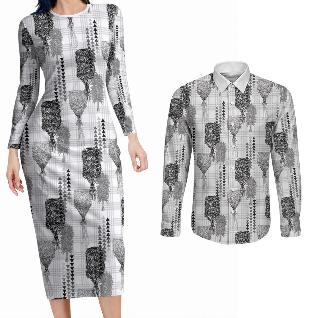 Aloha Hawaii Vintage Kahili Pa'a Lima Couples Matching Long Sleeve Bodycon Dress and Long Sleeve Button Shirt Palaka Print Hinahina