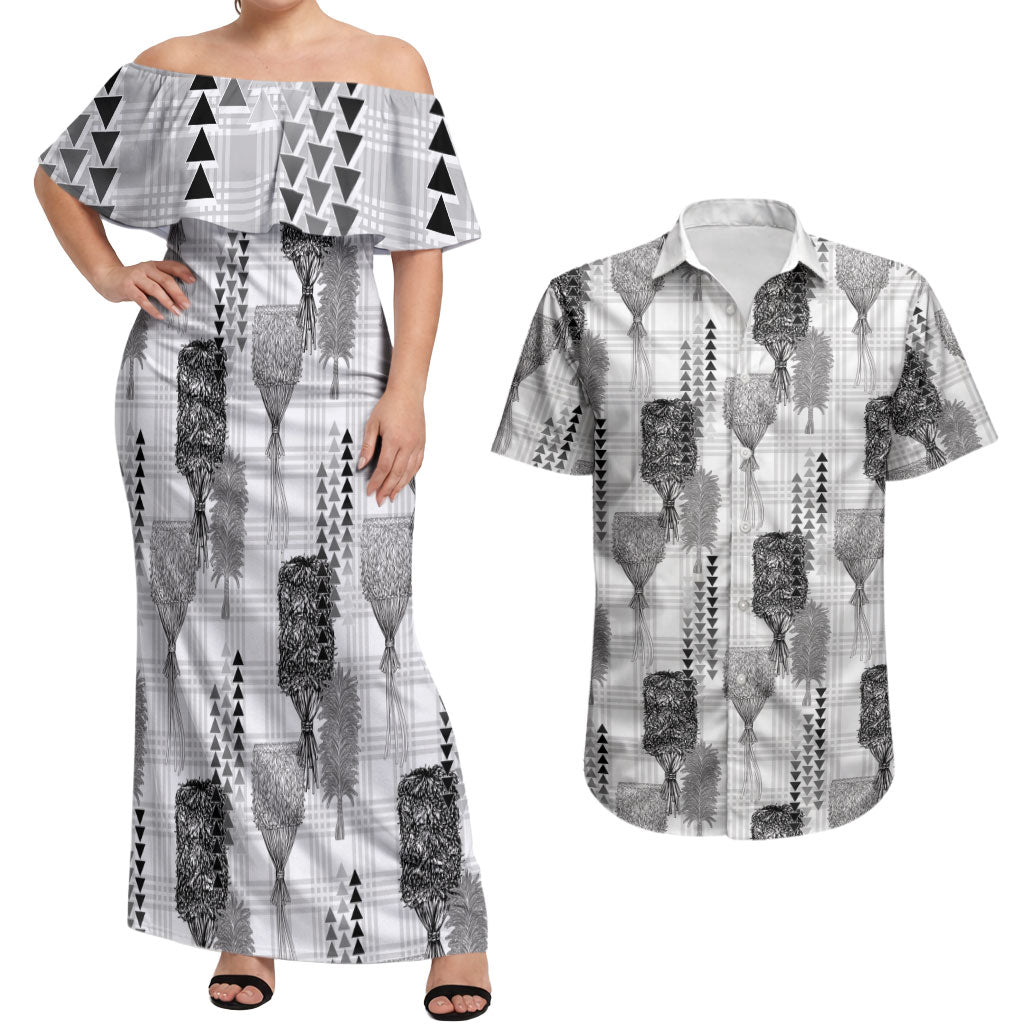 Aloha Hawaii Vintage Kahili Pa'a Lima Couples Matching Off Shoulder Maxi Dress and Hawaiian Shirt Palaka Print Hinahina