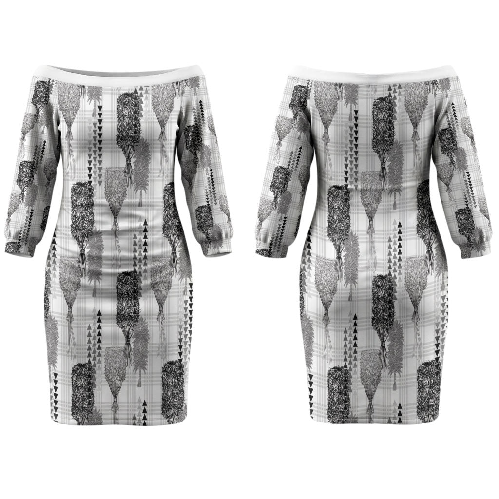 Aloha Hawaii Vintage Kahili Pa'a Lima Couples Matching Off The Shoulder Long Sleeve Dress and Hawaiian Shirt Palaka Print Hinahina