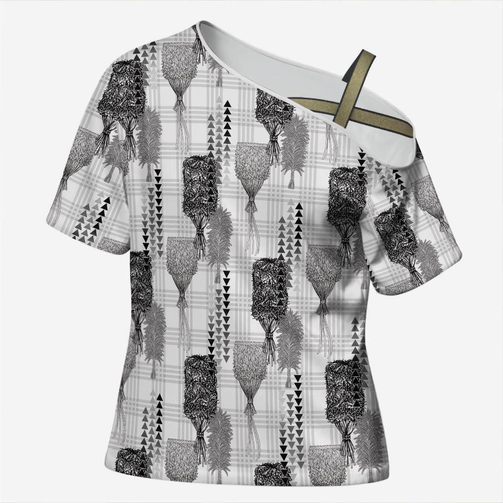 Aloha Hawaii Vintage Kahili Pa'a Lima Cross Shoulder Shirt Palaka Print Hinahina
