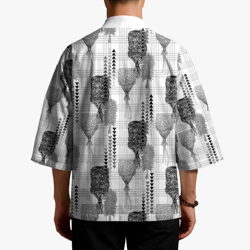 Aloha Hawaii Vintage Kahili Pa'a Lima Kimono Palaka Print Hinahina