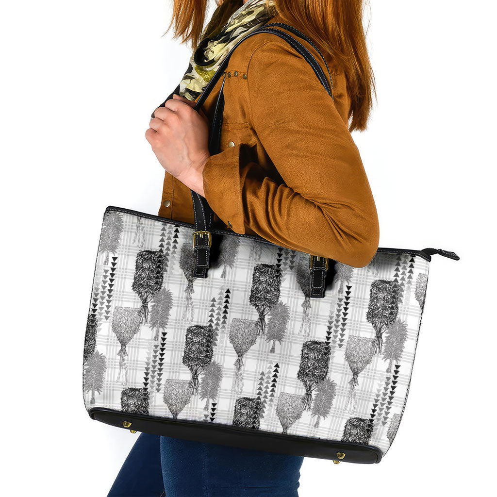 Aloha Hawaii Vintage Kahili Pa'a Lima Leather Tote Bag Palaka Print Hinahina LT7 Gray - Polynesian Pride