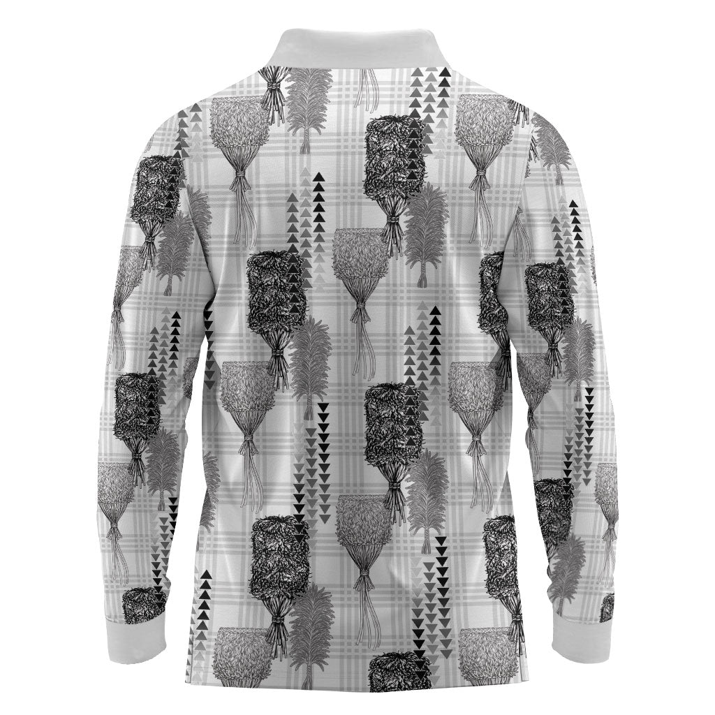 Aloha Hawaii Vintage Kahili Pa'a Lima Long Sleeve Polo Shirt Palaka Print Hinahina