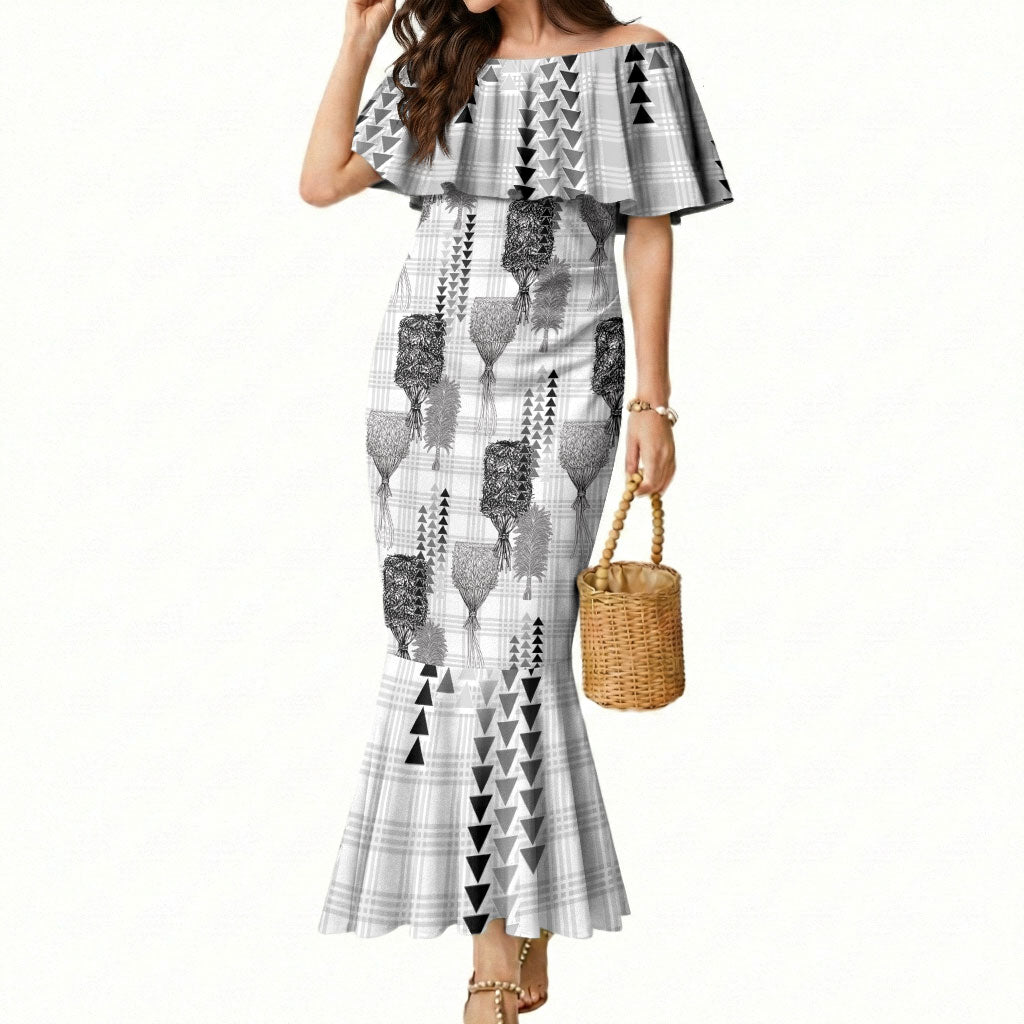 Aloha Hawaii Vintage Kahili Pa'a Lima Mermaid Dress Palaka Print Hinahina LT7 Women Gray - Polynesian Pride