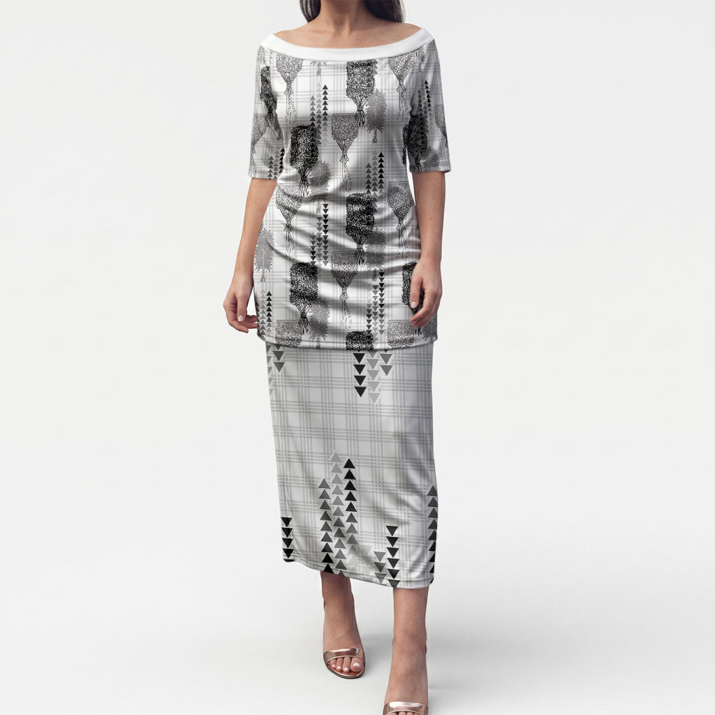 Aloha Hawaii Vintage Kahili Pa'a Lima Puletasi Palaka Print Hinahina LT7 Long Dress Gray - Polynesian Pride