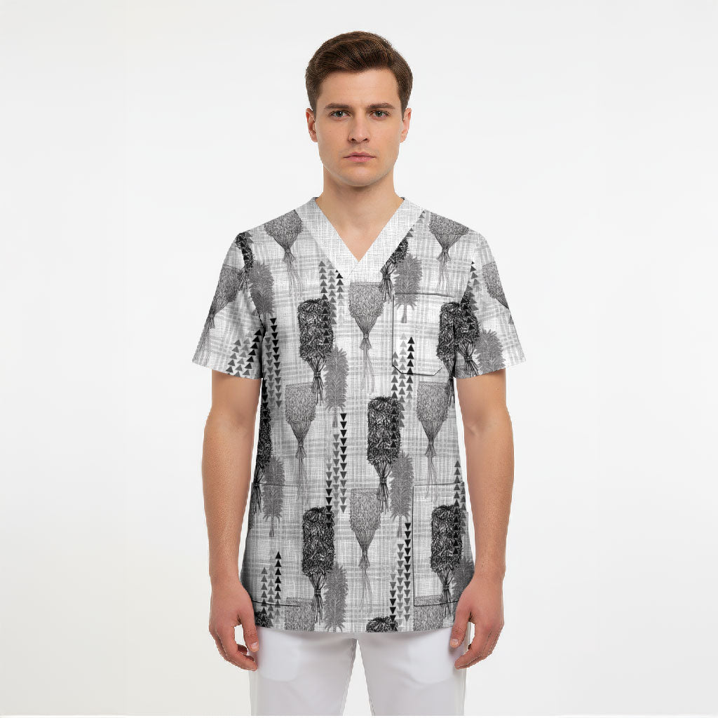 Aloha Hawaii Vintage Kahili Pa'a Lima Scrub Top Palaka Print Hinahina