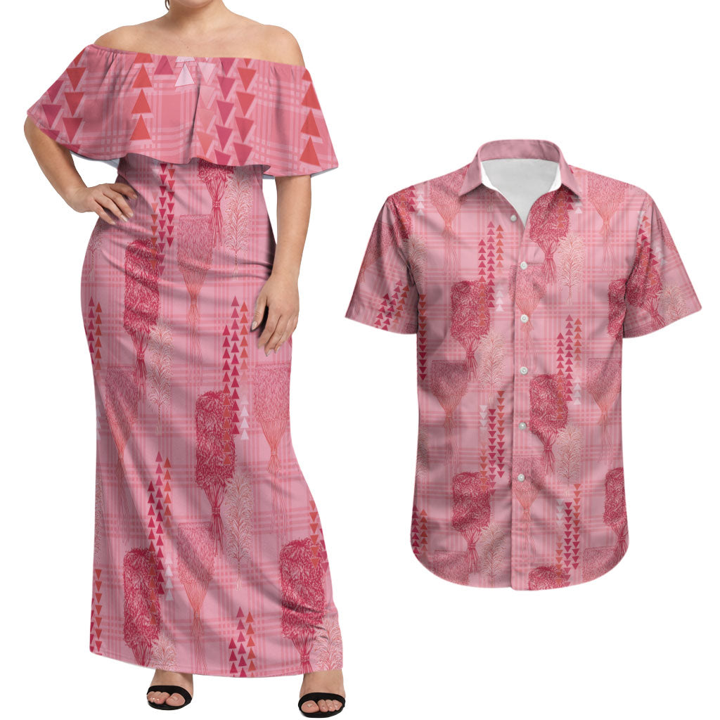Aloha Hawaii Vintage Kahili Pa'a Lima Couples Matching Off Shoulder Maxi Dress and Hawaiian Shirt Palaka Print Berry Pink