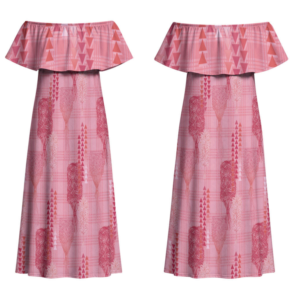 Aloha Hawaii Vintage Kahili Pa'a Lima Couples Matching Off Shoulder Maxi Dress and Long Sleeve Button Shirt Palaka Print Berry Pink
