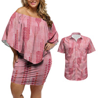 Aloha Hawaii Vintage Kahili Pa'a Lima Couples Matching Off Shoulder Short Dress and Hawaiian Shirt Palaka Print Berry Pink