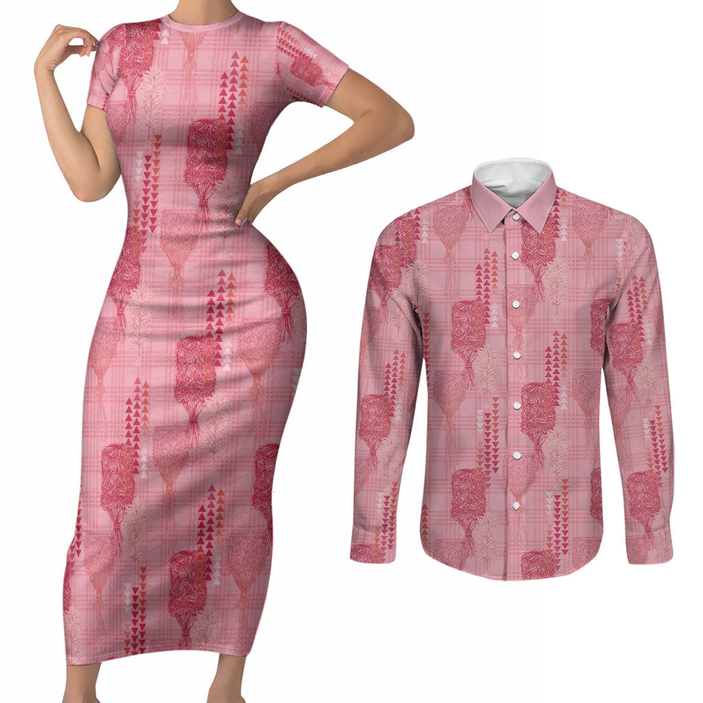 Aloha Hawaii Vintage Kahili Pa'a Lima Couples Matching Short Sleeve Bodycon Dress and Long Sleeve Button Shirt Palaka Print Berry Pink LT7 Pink - Polynesian Pride