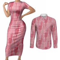 Aloha Hawaii Vintage Kahili Pa'a Lima Couples Matching Short Sleeve Bodycon Dress and Long Sleeve Button Shirt Palaka Print Berry Pink