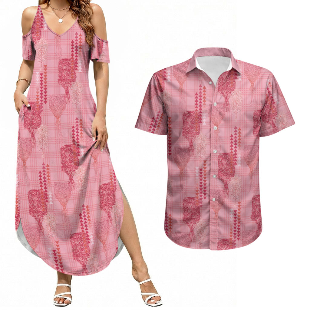Aloha Hawaii Vintage Kahili Pa'a Lima Couples Matching Summer Maxi Dress and Hawaiian Shirt Palaka Print Berry Pink