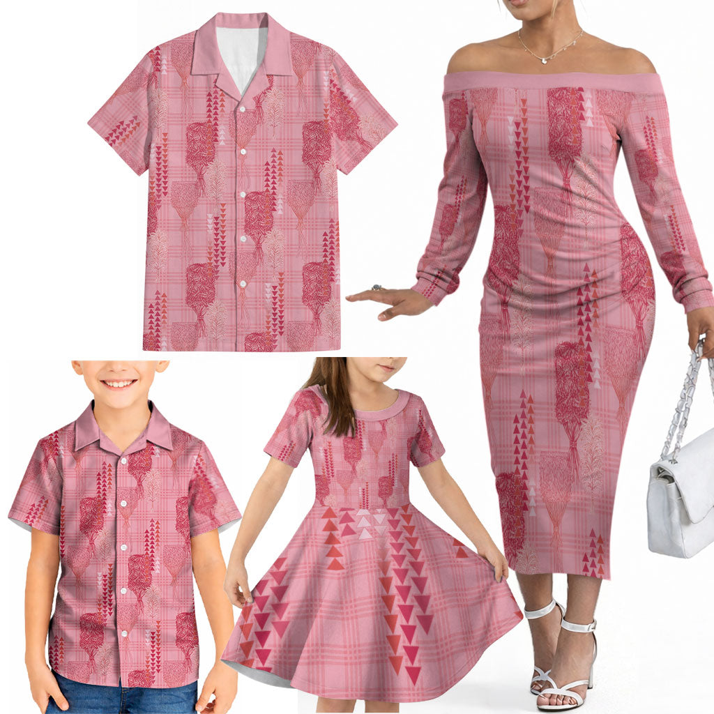 Aloha Hawaii Vintage Kahili Pa'a Lima Family Matching Off The Shoulder Long Sleeve Dress and Hawaiian Shirt Palaka Print Berry Pink LT7 - Polynesian Pride