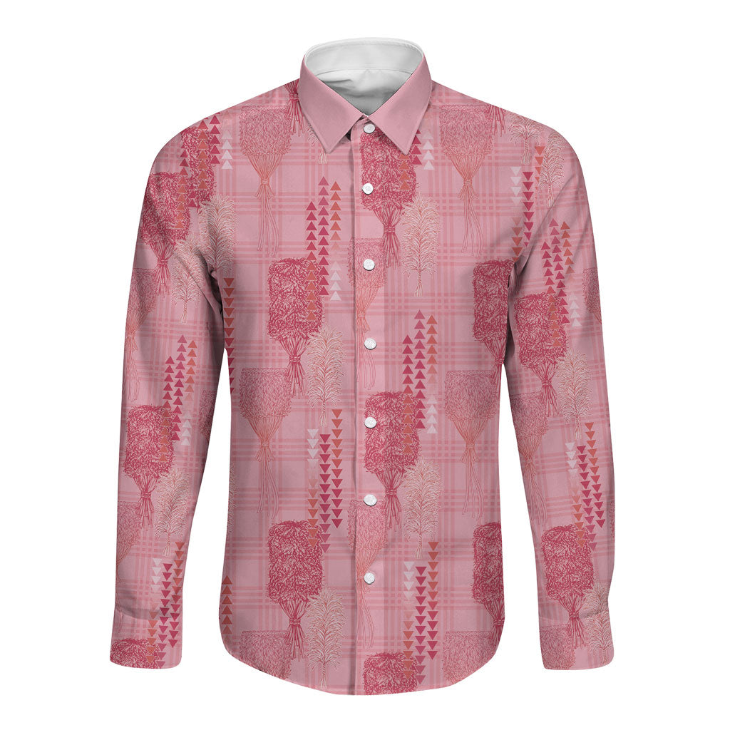 Aloha Hawaii Vintage Kahili Pa'a Lima Long Sleeve Button Shirt Palaka Print Berry Pink LT7 Unisex Pink - Polynesian Pride