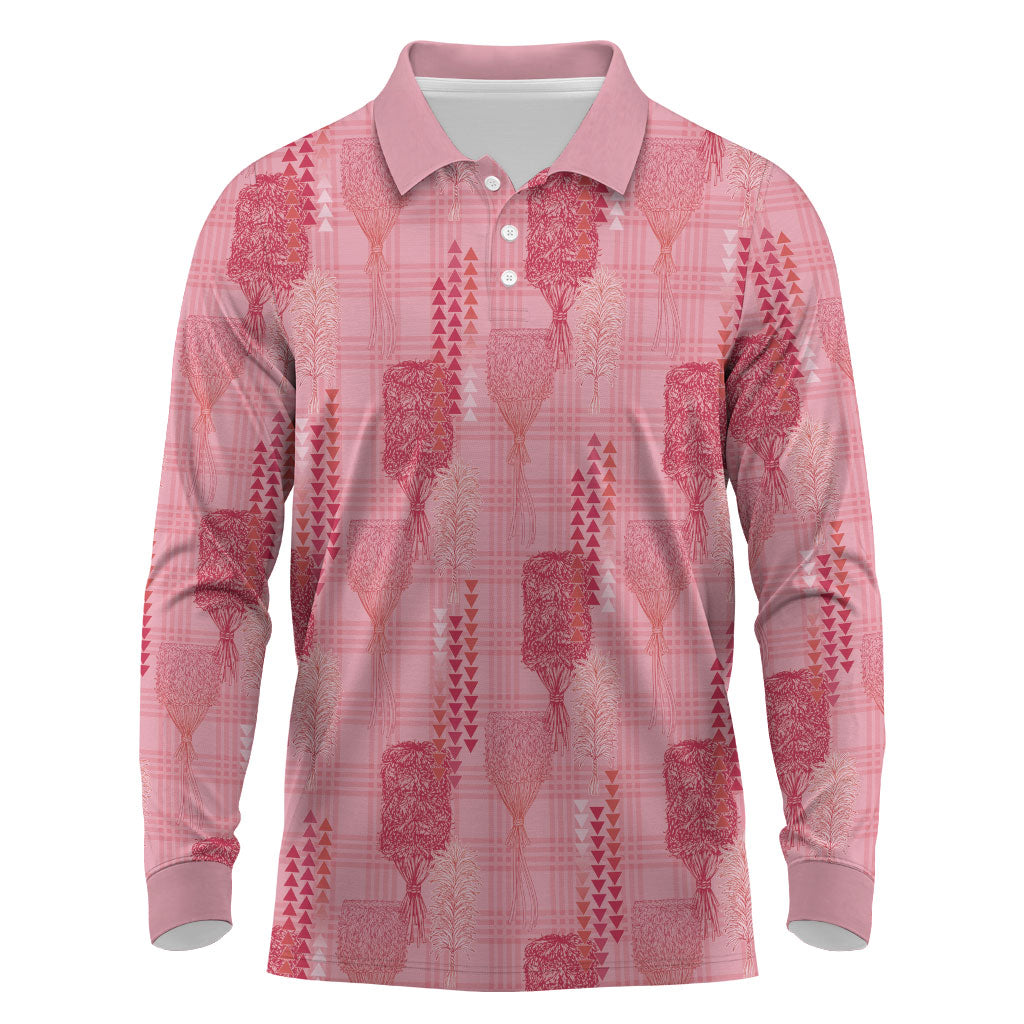 Aloha Hawaii Vintage Kahili Pa'a Lima Long Sleeve Polo Shirt Palaka Print Berry Pink LT7 Pink - Polynesian Pride