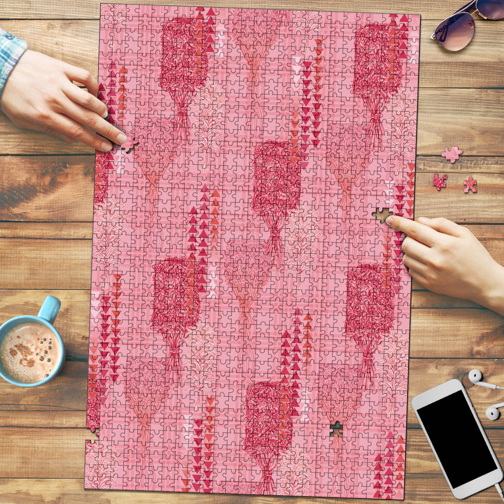 Aloha Hawaii Vintage Kahili Pa'a Lima Puzzle Palaka Print Berry Pink