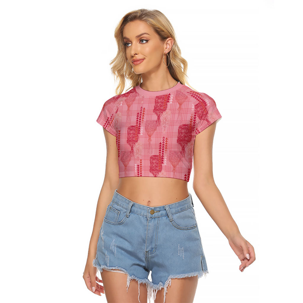 Aloha Hawaii Vintage Kahili Pa'a Lima Raglan Cropped T Shirt Palaka Print Berry Pink