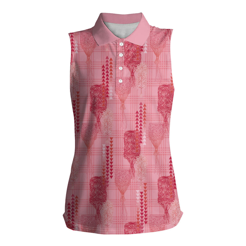 Aloha Hawaii Vintage Kahili Pa'a Lima Women Sleeveless Polo Shirt Palaka Print Berry Pink