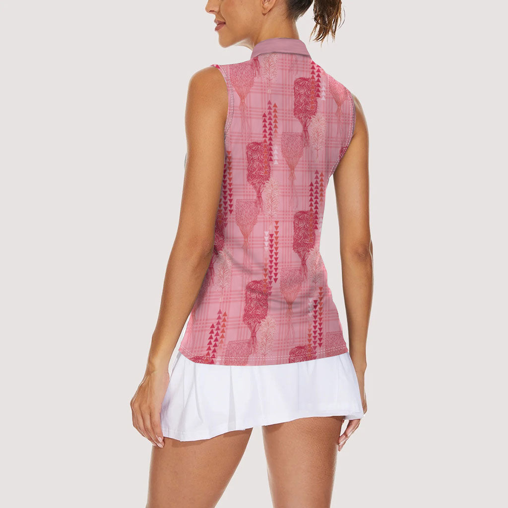 Aloha Hawaii Vintage Kahili Pa'a Lima Women Sleeveless Polo Shirt Palaka Print Berry Pink