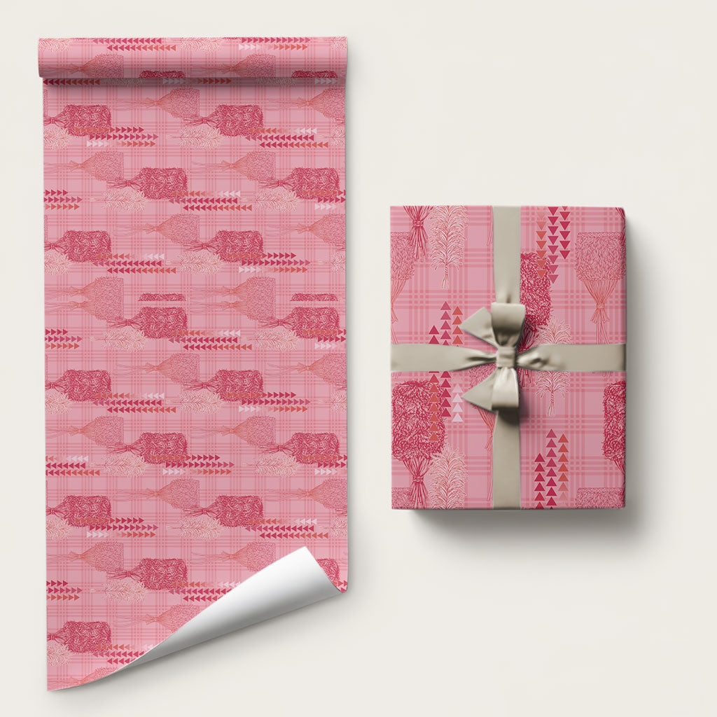 Aloha Hawaii Vintage Kahili Pa'a Lima Wrapping Paper Palaka Print Berry Pink LT7 58" × 23" Pink - Polynesian Pride