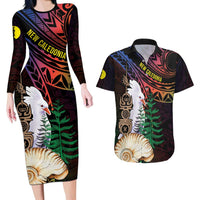 New Caledonia Kanaky Personalized Couples Matching Long Sleeve Bodycon Dress and Hawaiian Shirt Kagu Bird Emblem - Polynesian Pride