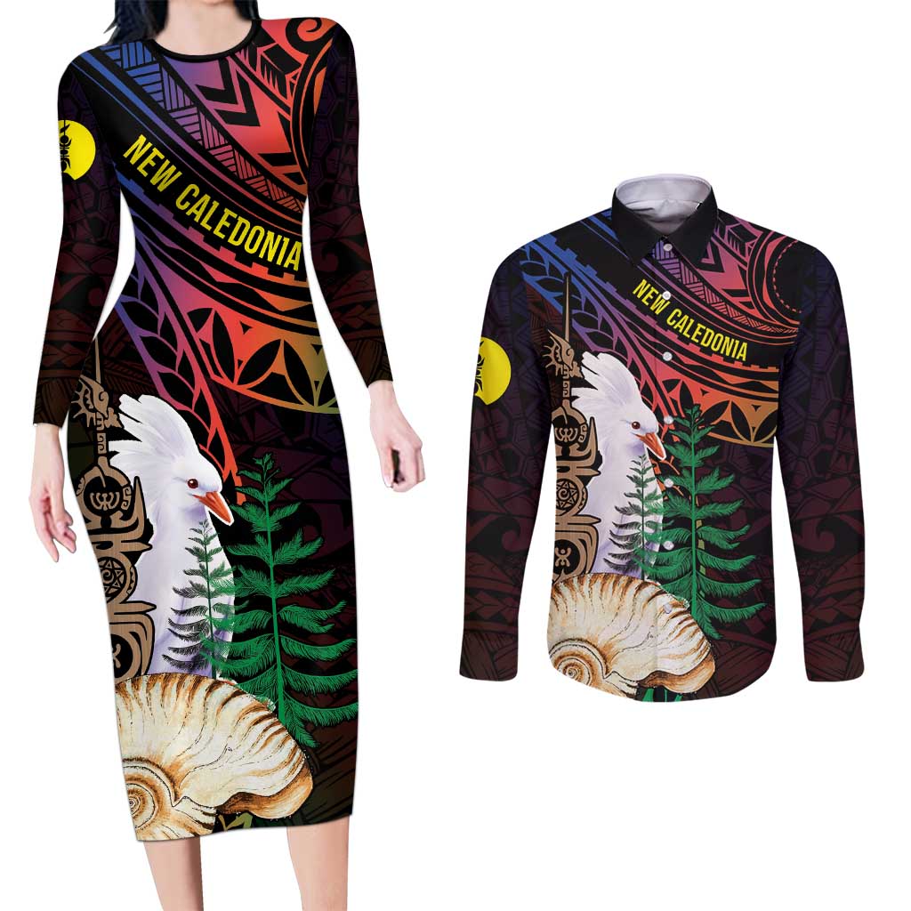 New Caledonia Kanaky Personalized Couples Matching Long Sleeve Bodycon Dress and Long Sleeve Button Shirt Kagu Bird Emblem LT7 Black - Polynesian Pride