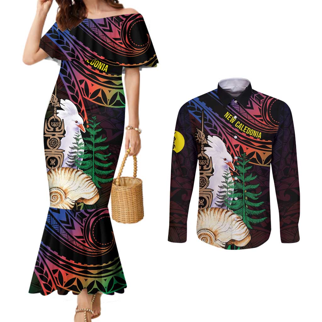 New Caledonia Kanaky Personalized Couples Matching Mermaid Dress and Long Sleeve Button Shirt Kagu Bird Emblem LT7 Black - Polynesian Pride