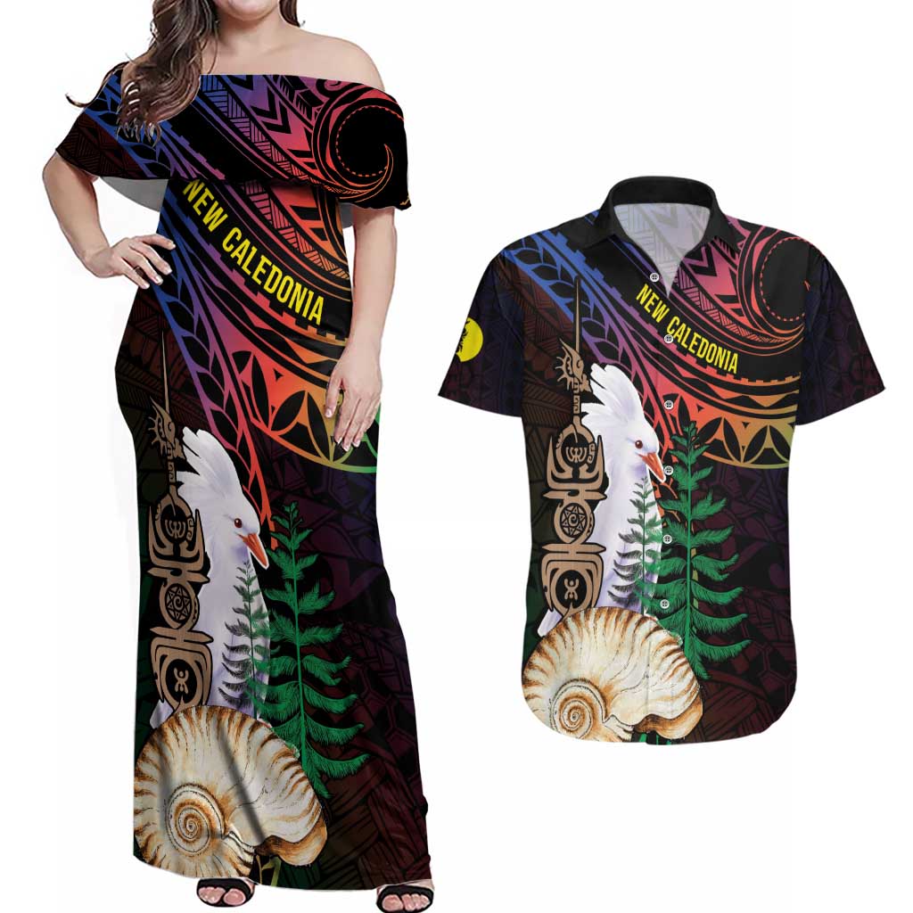 New Caledonia Kanaky Personalized Couples Matching Off Shoulder Maxi Dress and Hawaiian Shirt Kagu Bird Emblem - Polynesian Pride