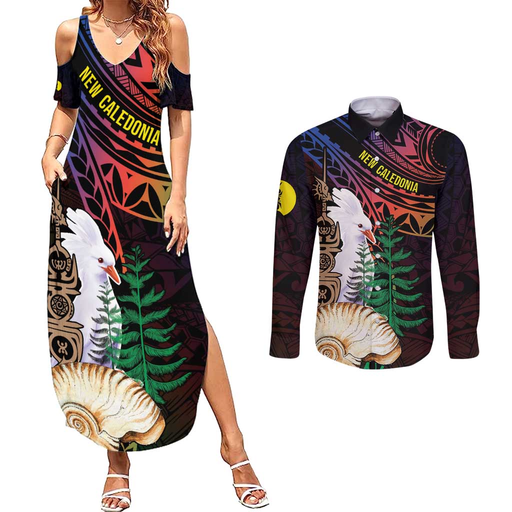 New Caledonia Kanaky Personalized Couples Matching Summer Maxi Dress and Long Sleeve Button Shirt Kagu Bird Emblem LT7 Black - Polynesian Pride
