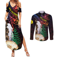 New Caledonia Kanaky Personalized Couples Matching Summer Maxi Dress and Long Sleeve Button Shirt Kagu Bird Emblem LT7 Black - Polynesian Pride