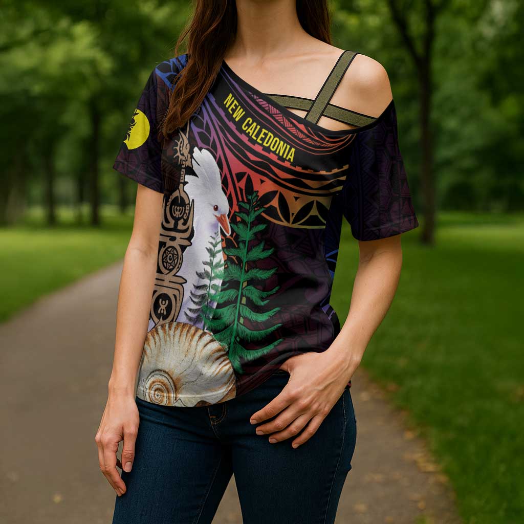 New Caledonia Kanaky Personalized Cross Shoulder Shirt Kagu Bird Emblem - Polynesian Pride