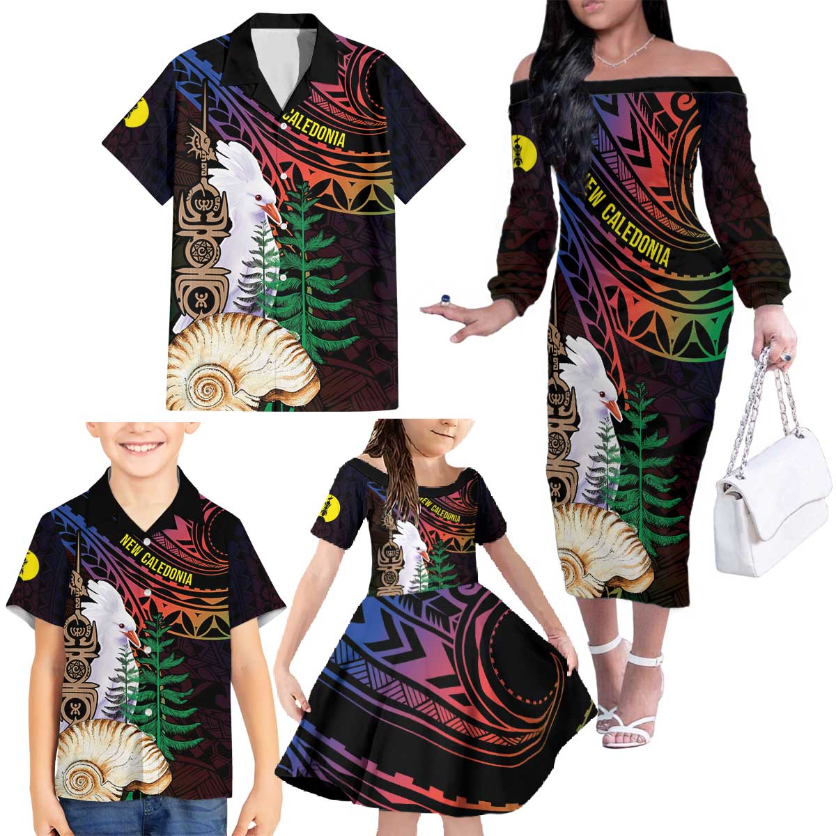 New Caledonia Kanaky Personalized Family Matching Off The Shoulder Long Sleeve Dress and Hawaiian Shirt Kagu Bird Emblem - Polynesian Pride