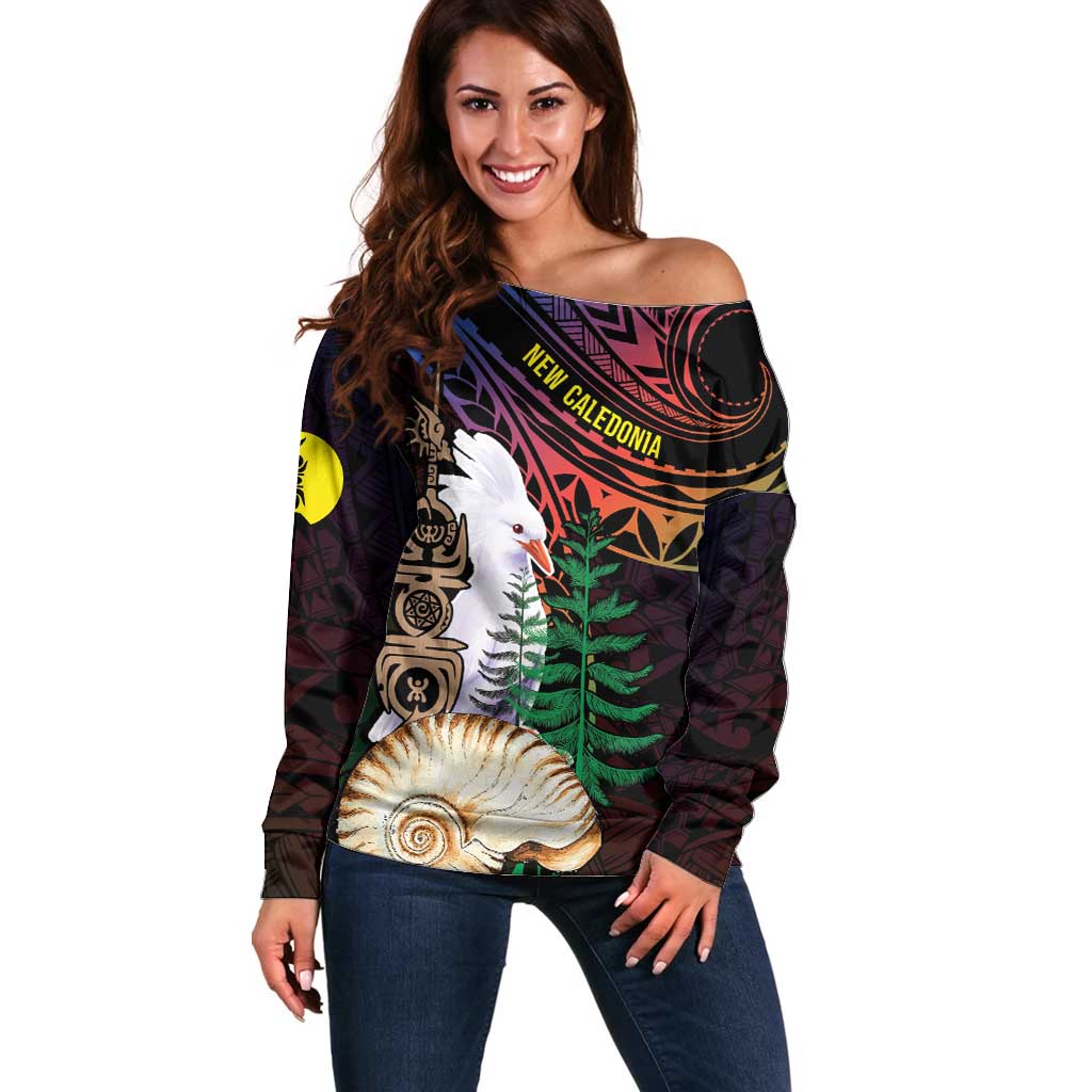 New Caledonia Kanaky Personalized Off Shoulder Sweater Kagu Bird Emblem - Polynesian Pride