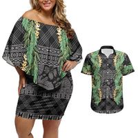 Hawai'i Paniolo Maile Twisted Lei Couples Matching Off Shoulder Short Dress and Hawaiian Shirt Obsidian Black LT7 Black - Polynesian Pride