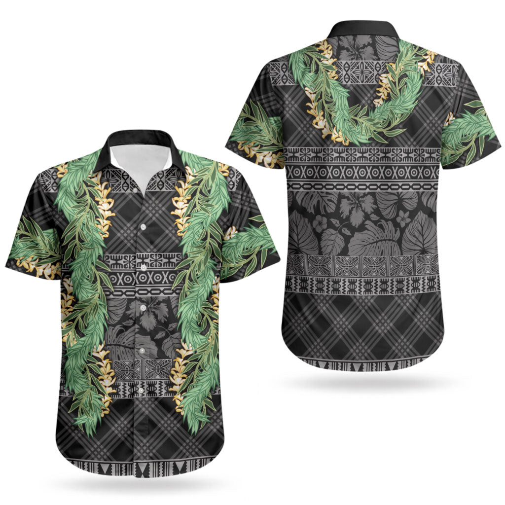 Hawai'i Paniolo Maile Twisted Lei Couples Matching Off Shoulder Short Dress and Hawaiian Shirt Obsidian Black LT7 - Polynesian Pride