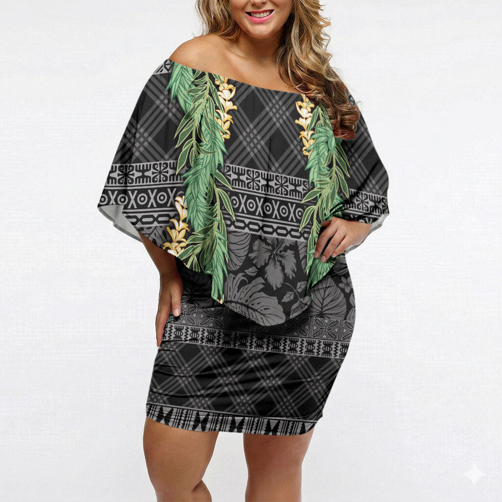 Hawai'i Paniolo Maile Twisted Lei Off Shoulder Short Dress Obsidian Black