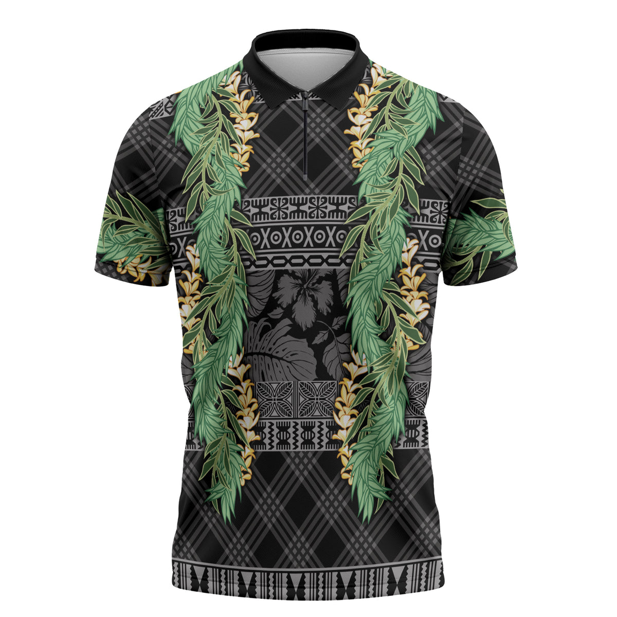 Hawai'i Paniolo Maile Twisted Lei Zipper Polo Shirt Obsidian Black LT7 Black - Polynesian Pride