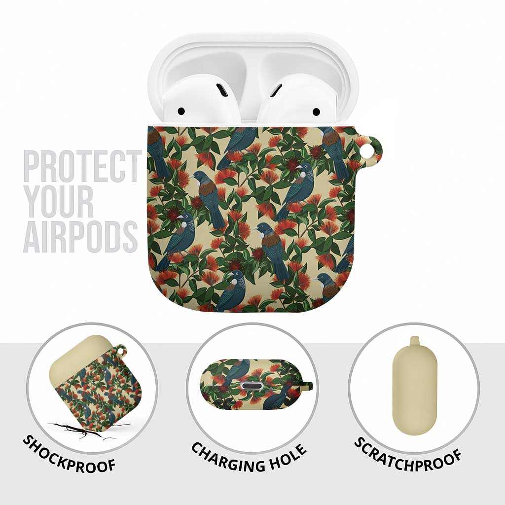 New Zealand Christmas AirPods Case Romantic Tui Birds on Pohutukawa - Ivory - Polynesian Pride