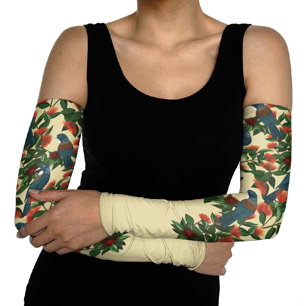 New Zealand Christmas Arm Sleeves Romantic Tui Birds on Pohutukawa - Ivory - Polynesian Pride