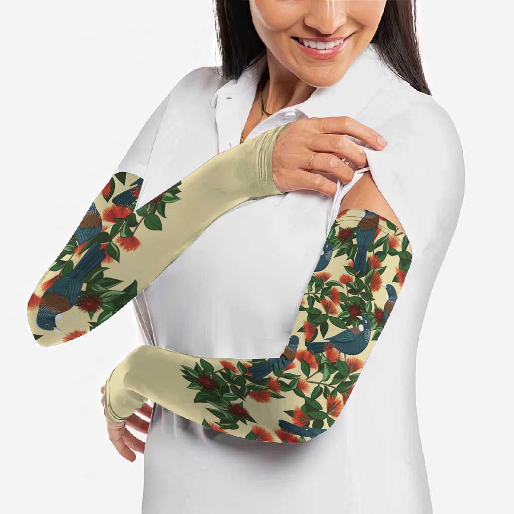 New Zealand Christmas Arm Sleeves Romantic Tui Birds on Pohutukawa - Ivory - Polynesian Pride