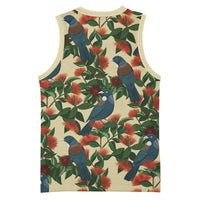 New Zealand Christmas Basketball Jersey Romantic Tui Birds on Pohutukawa - Ivory - Polynesian Pride