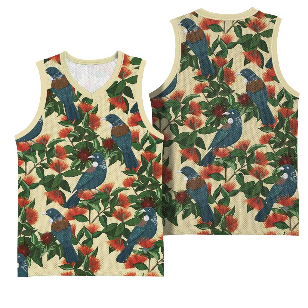 New Zealand Christmas Basketball Jersey Romantic Tui Birds on Pohutukawa - Ivory - Polynesian Pride