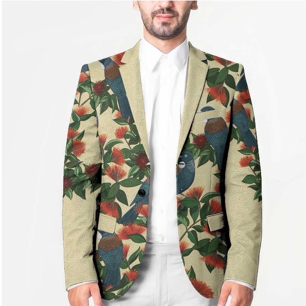New Zealand Christmas Blazer Romantic Tui Birds on Pohutukawa - Ivory LT7 - Polynesian Pride