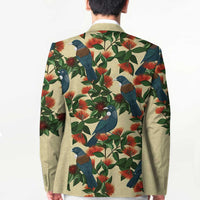 New Zealand Christmas Blazer Romantic Tui Birds on Pohutukawa - Ivory LT7 - Polynesian Pride