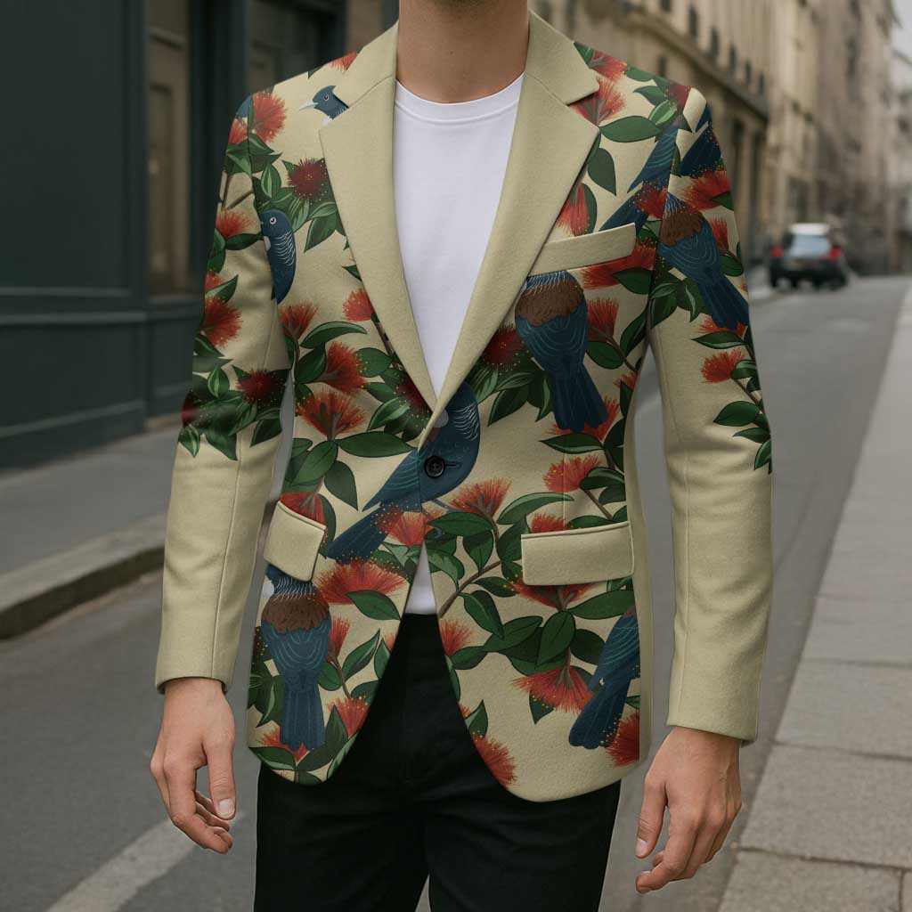 New Zealand Christmas Blazer Romantic Tui Birds on Pohutukawa - Ivory LT7 - Polynesian Pride