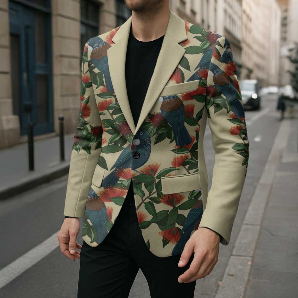 New Zealand Christmas Blazer Romantic Tui Birds on Pohutukawa - Ivory LT7 - Polynesian Pride